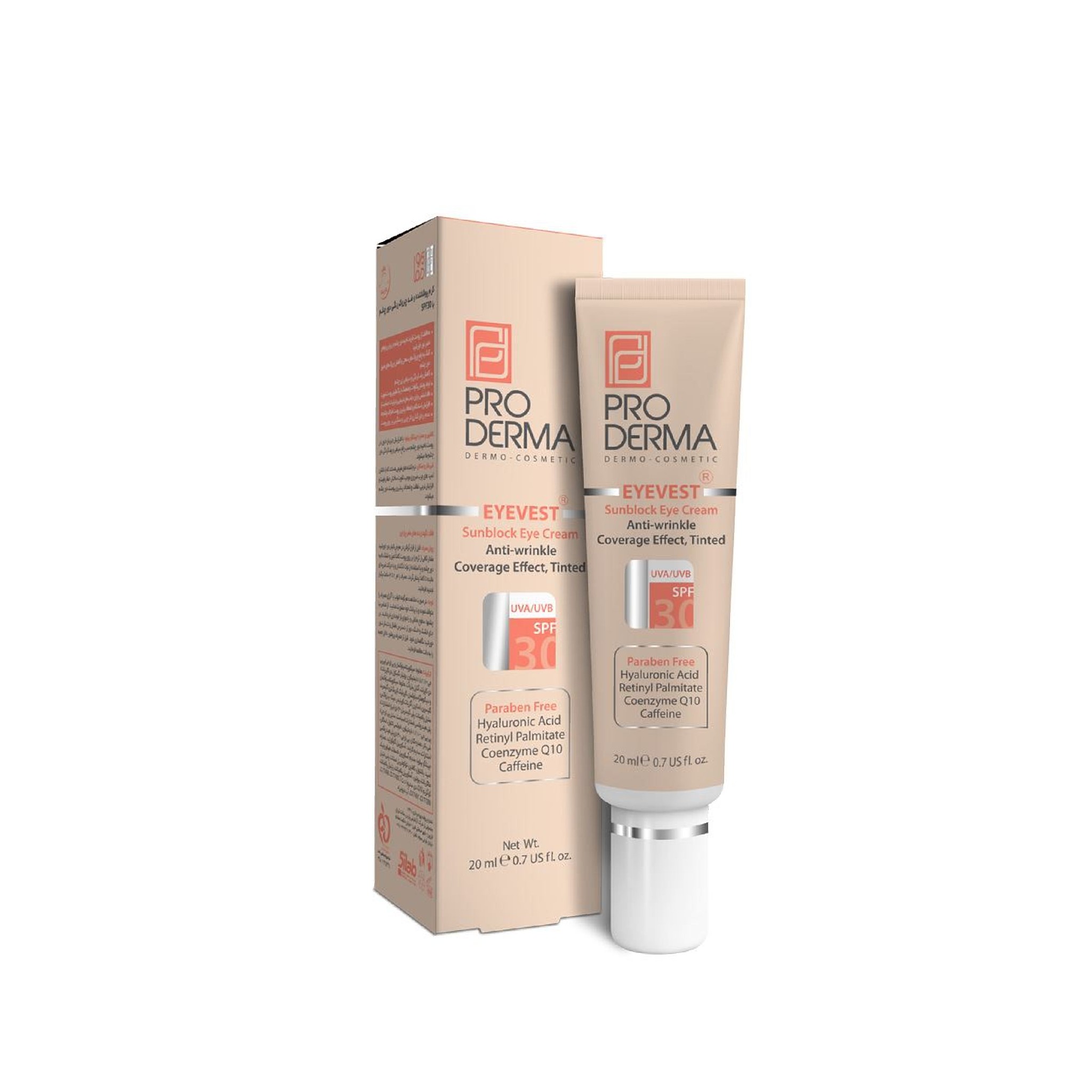 کرم دور چشم رنگی پرودرما سری eyevest مدل anti wrinkle spf 30 حجم ۲۰ میلی لیتر