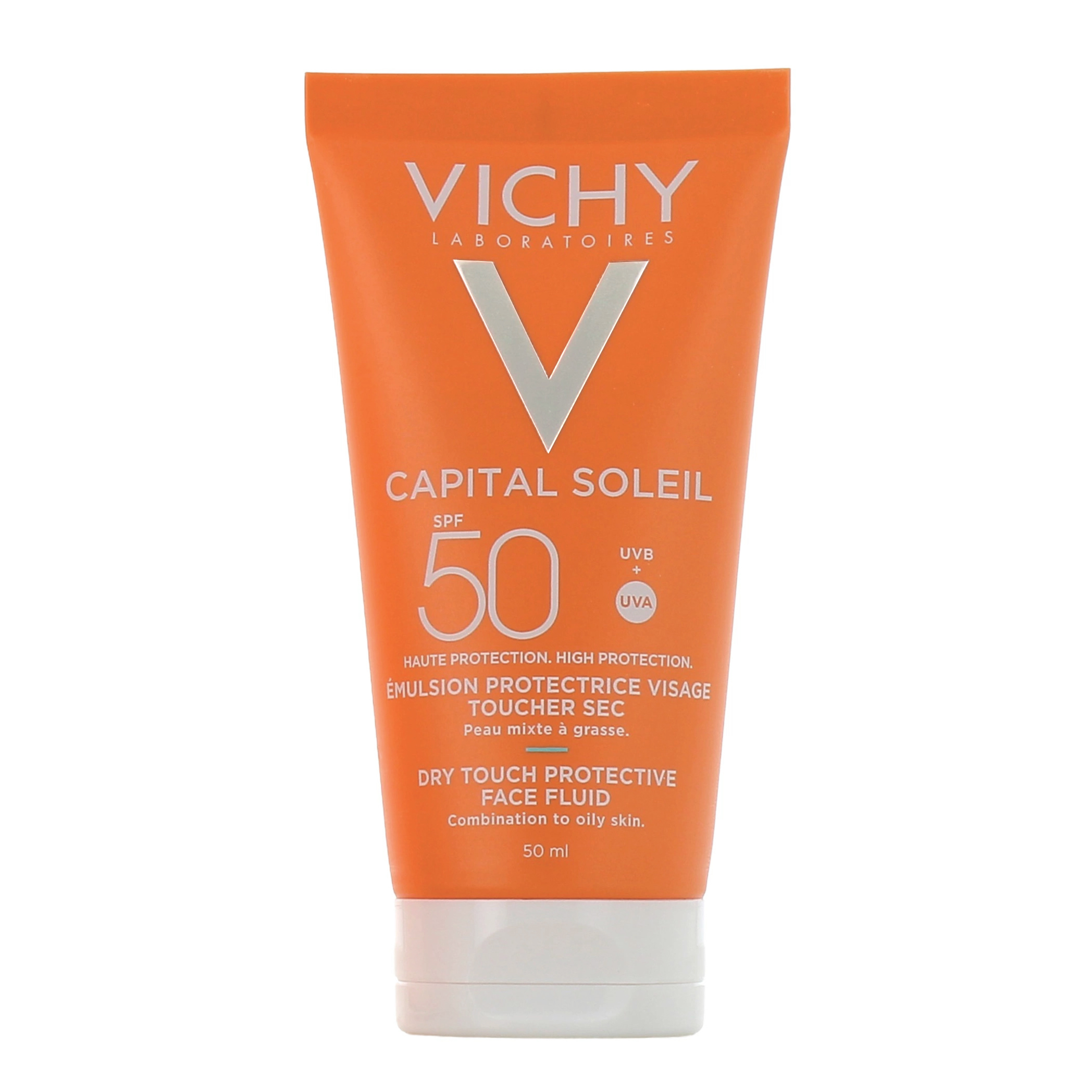 کرم ضد آفتاب بدون رنگ ویشی spf 50 مدل dry touch ‌مناسب پوست‌های چرب و مختلط حجم 50 میلی‌لیتر