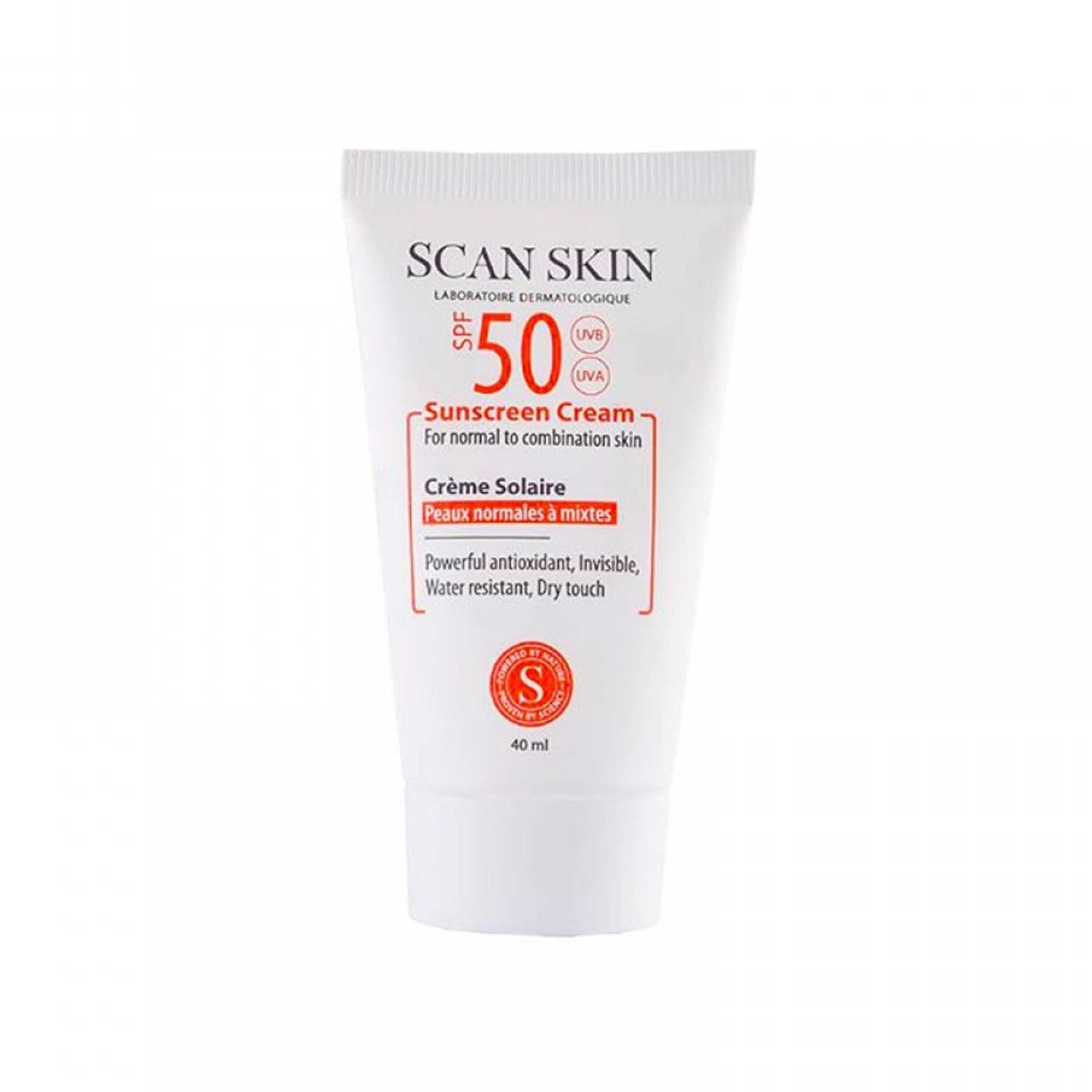 کرم ضد آفتاب بی رنگ اسکن اسکین مدل spf50 مناسب پوست های معمولی و مختلط حجم 40 میلی لیتر