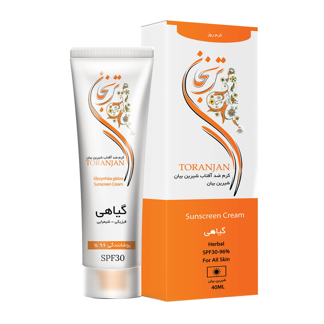 کرم ضد آفتاب بی رنگ ترنجان spf 30 مدل گیاهی شیرین بیان ‌مناسب پوست‌های معمولی حجم 40 میلی‌لیتر