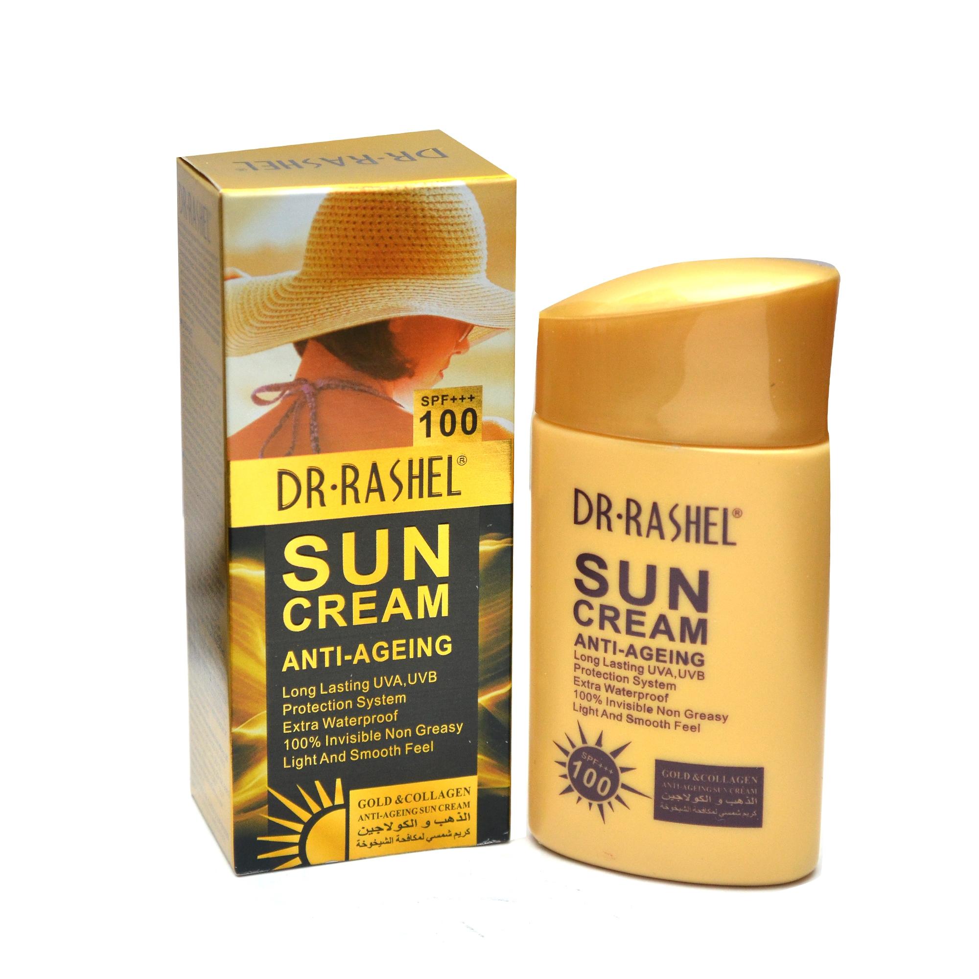 کرم ضد آفتاب بی رنگ دکتر راشل spf 100 مدل anti aging ‌مناسب انواع پوست حجم 80 میلی‌ لیتر