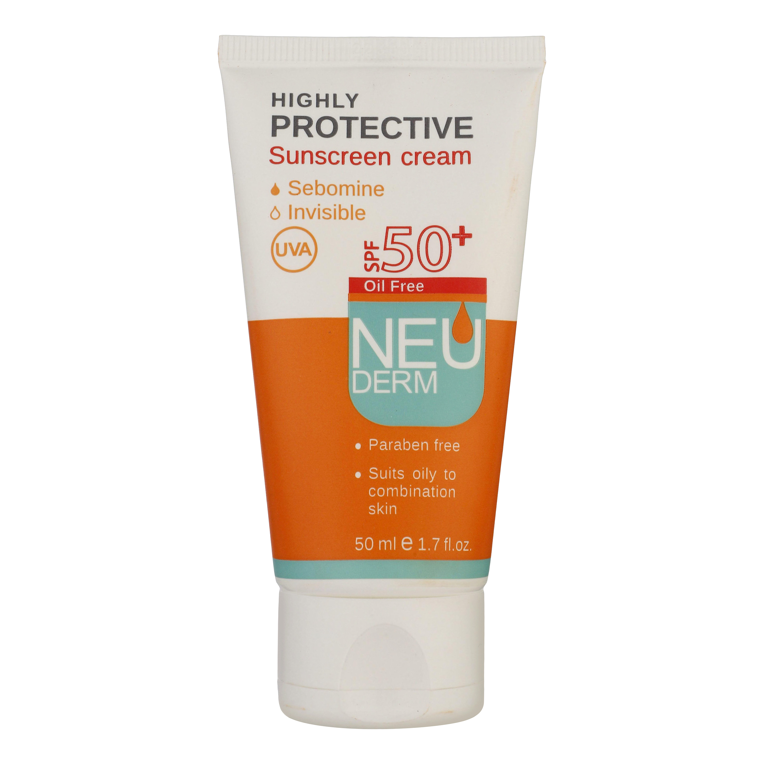 کرم ضد آفتاب بی رنگ نئودرم مدل highly protective spf50 مناسب پوست های چرب تا مختلط حجم 50 میلی لیتر