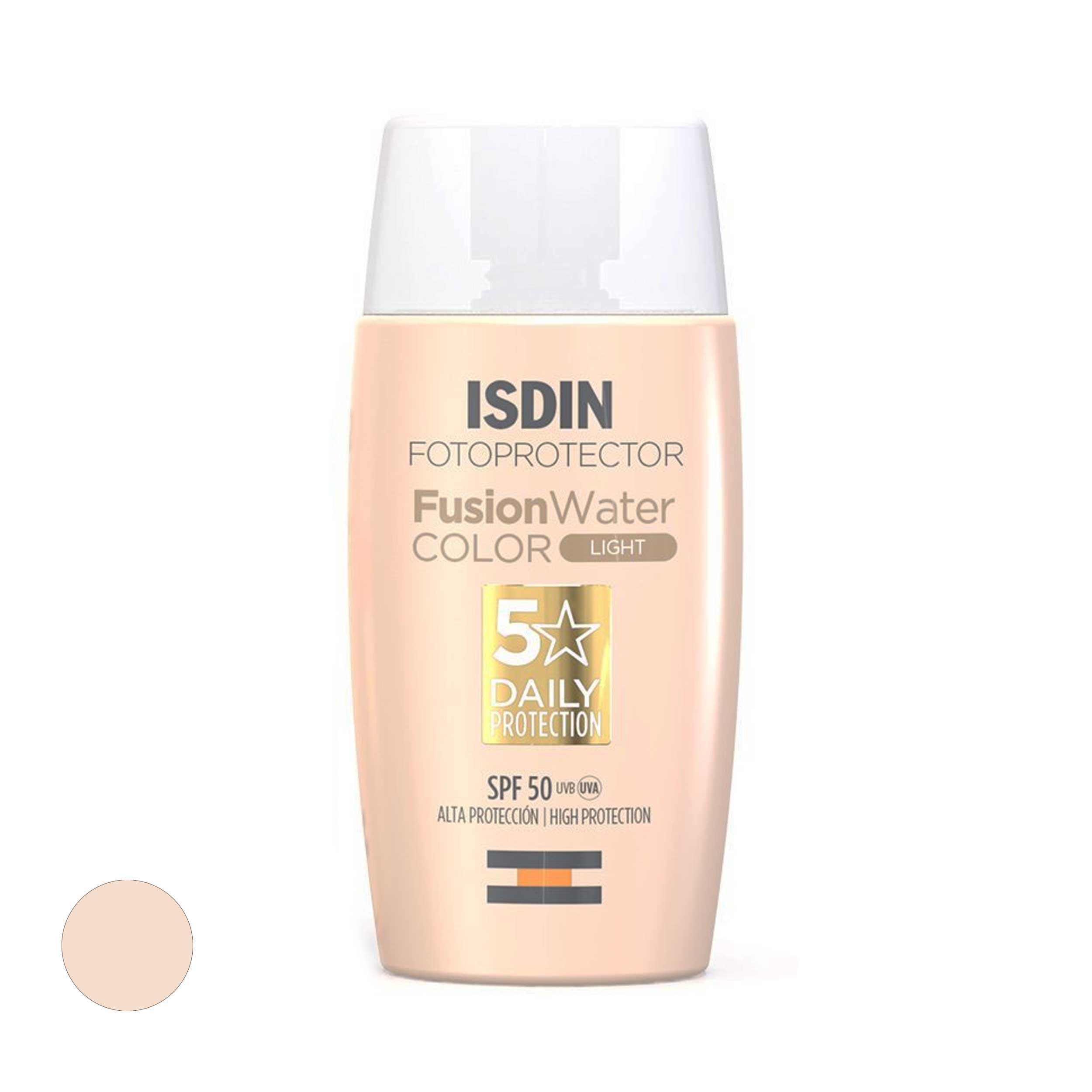 کرم ضد آفتاب رنگی ایزدین spf 50 مدل فیوژن واتر مناسب برای انواع پوست حجم 50 میلی‌لیتر
