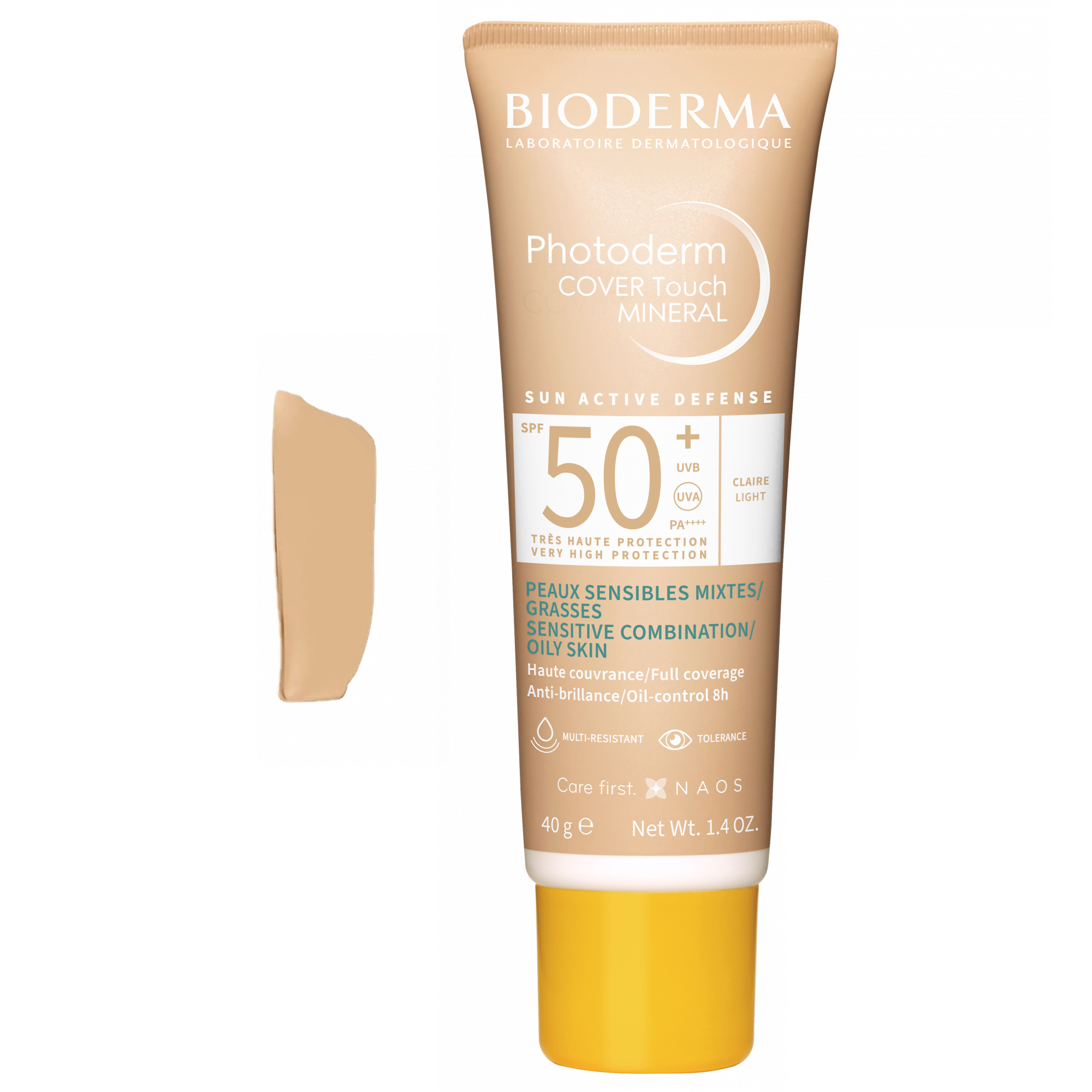 کرم ضد آفتاب رنگی بایودرما spf 50 مدل cover touch ‌مناسب پوست‌های چرب و مختلط حجم 40 میلی‌لیتر