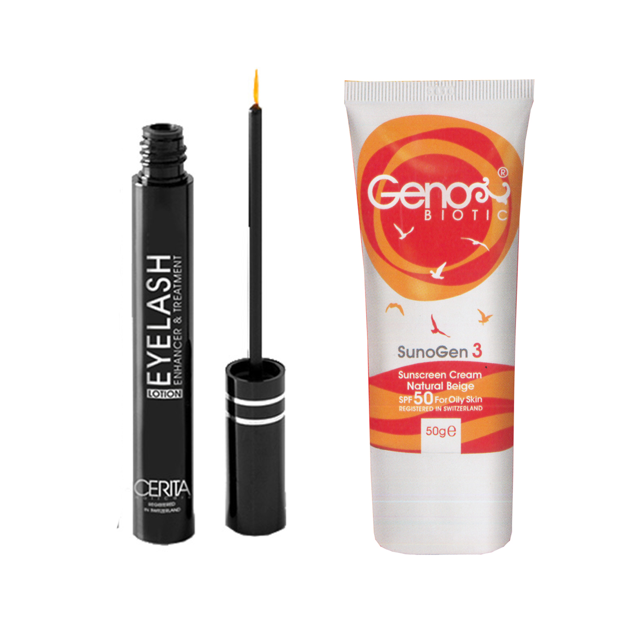 کرم ضد آفتاب رنگی بژ طبیعی ژنوبایوتیک spf50 به همراه محلول تقویت مژه سریتا مدل sun3