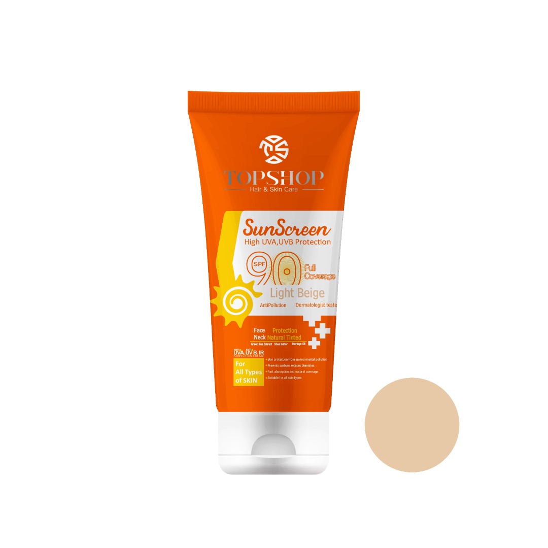 کرم ضد آفتاب رنگی تاپ شاپ مدل light beige spf 90 مناسب انواع پوست حجم 50 میلی لیتر