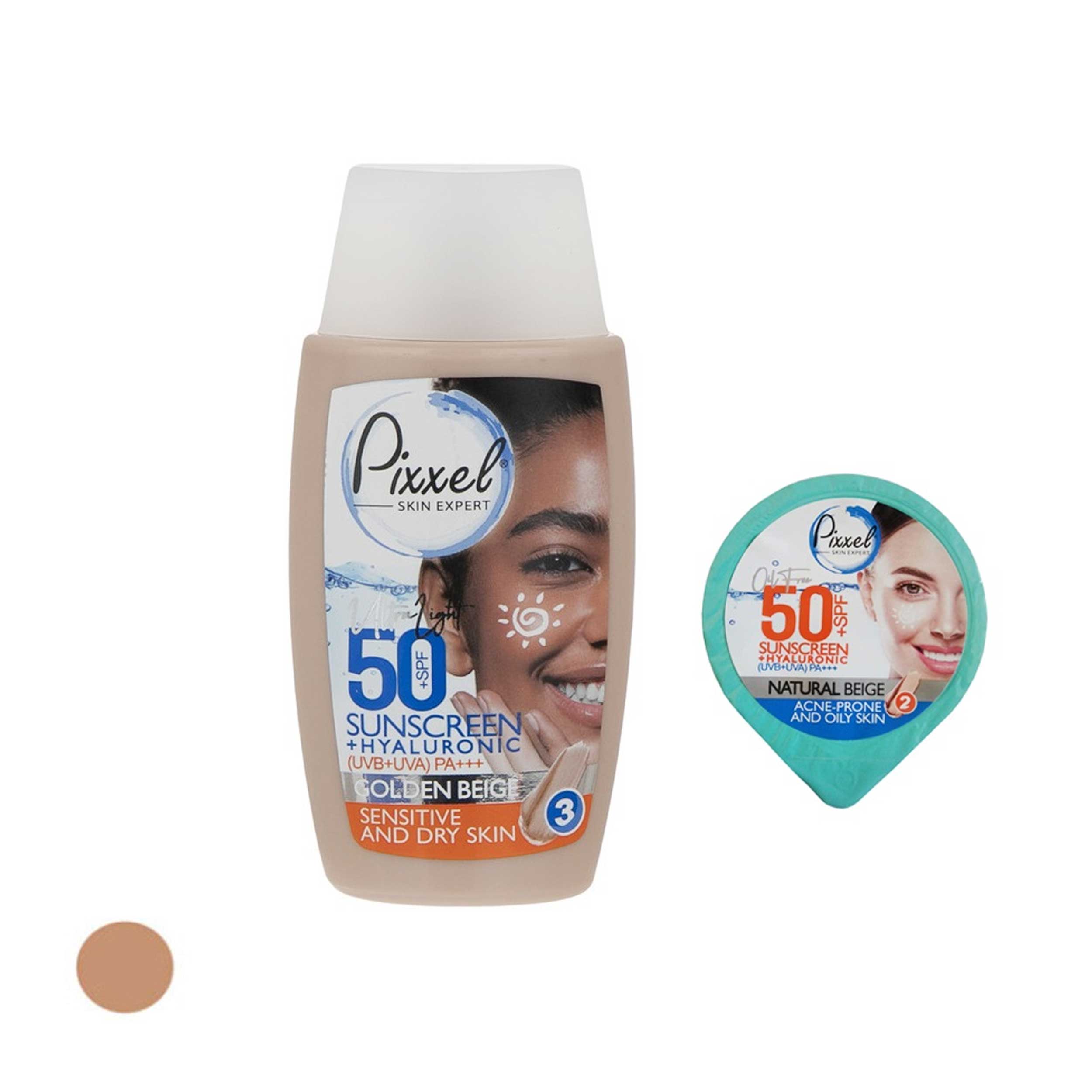 کرم ضد آفتاب رنگی پیکسل spf 50 مدل 03 ‌مناسب پوست‌ های خشک حجم 50 میلی‌لیتر به همراه کرم ضد آفتاب رنگی پیکسل مدل spf 50 حجم 7 میلی لیتر