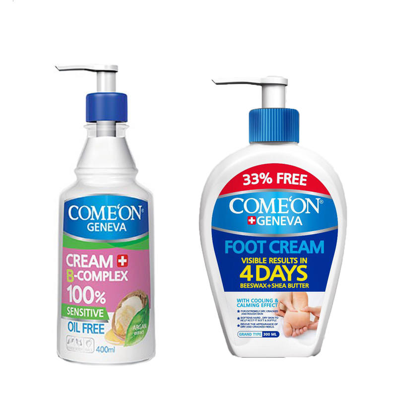 کرم مرطوب کننده کامان مدل oil free bcomplex حجم 400 میلی لیتر به همراه کرم ترک پا حجم 300 میلی لیتر