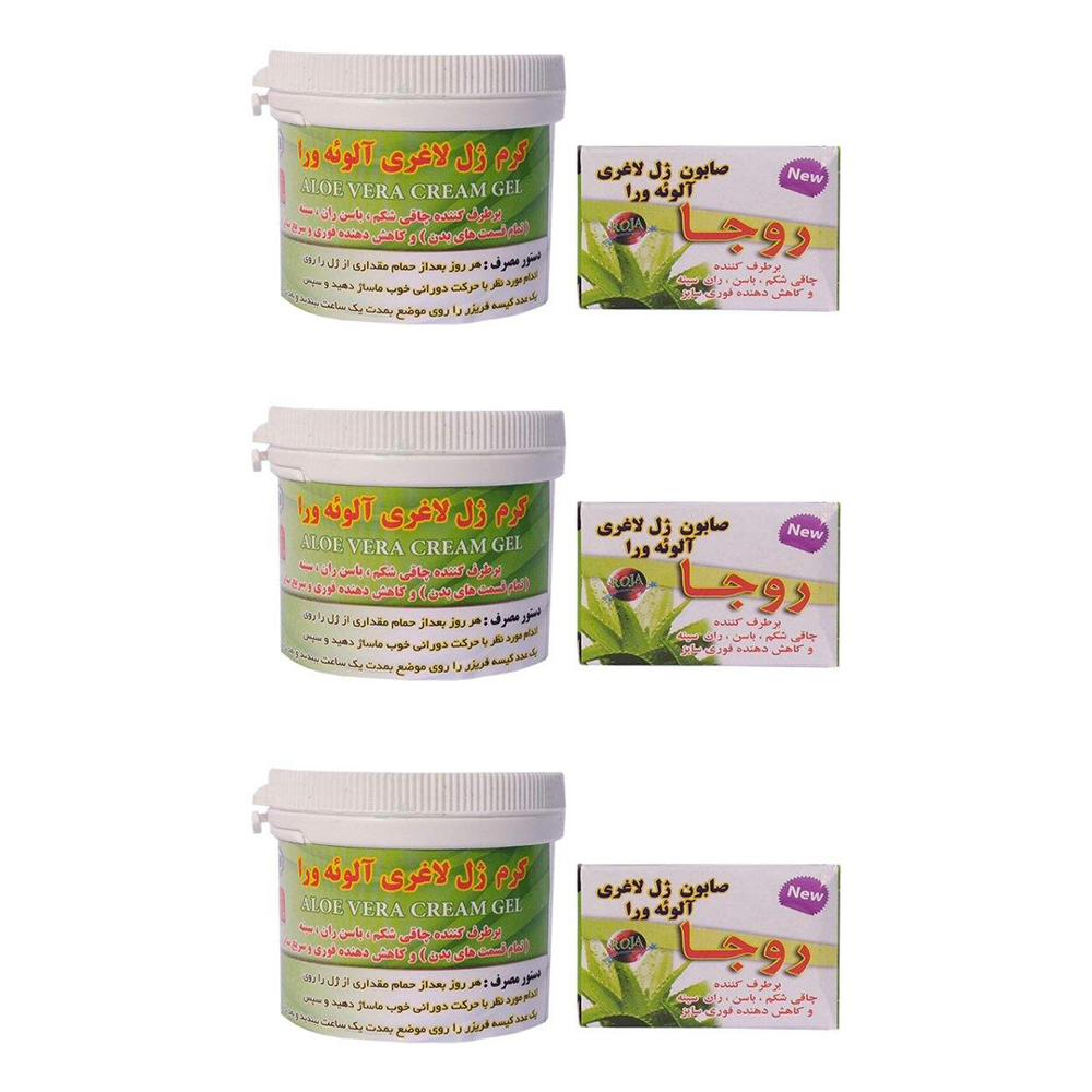 کرم ژل لاغری آلوئه ورا روجا مدل aloe vera حجم 100 میل لیتر به همراه صابون لاغری مدل آلوئه ورا وزن 100 گرم مجموعه 6 عددی